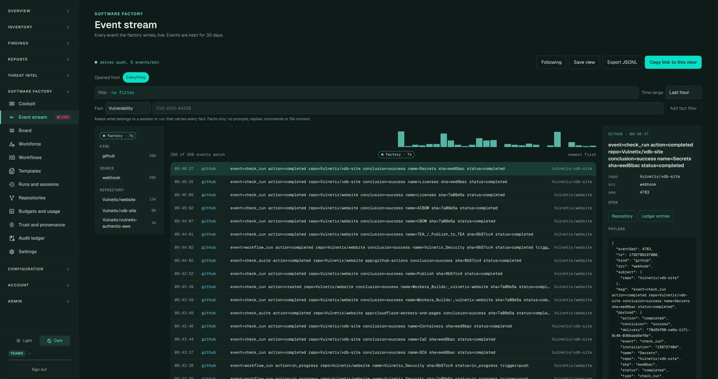 The Events page with the live list, filters and an open event