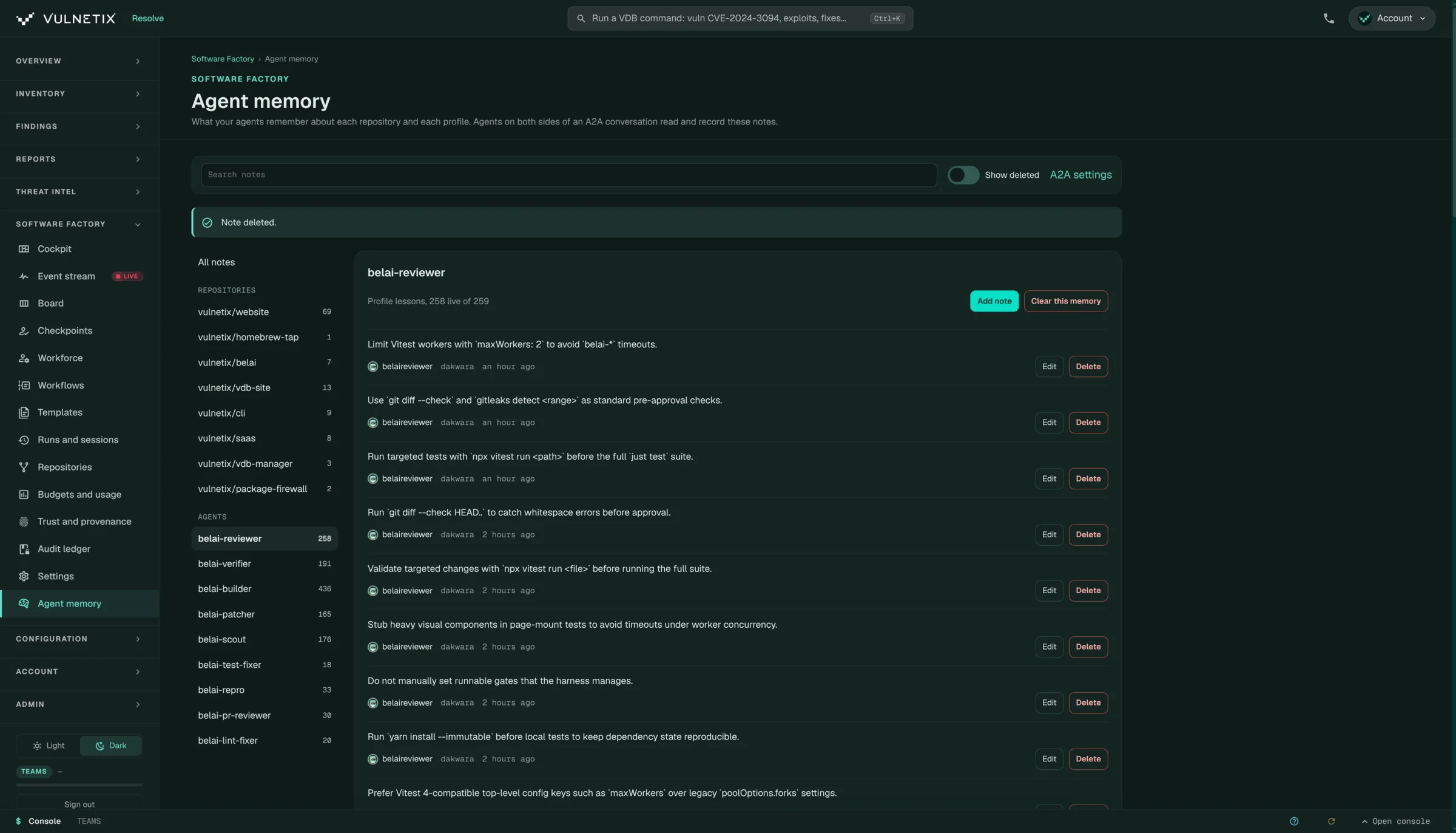 The Memory page listing repository notes