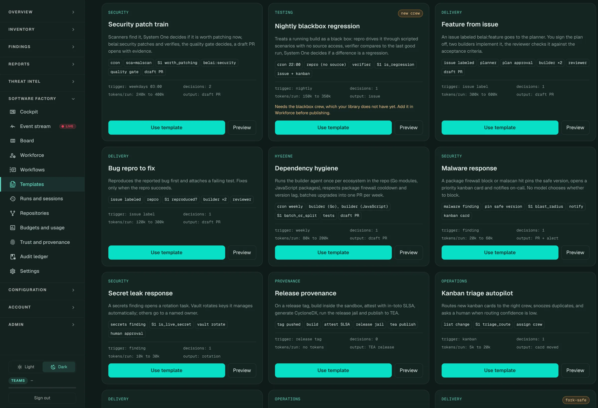 The Templates page with suggested templates and their flows