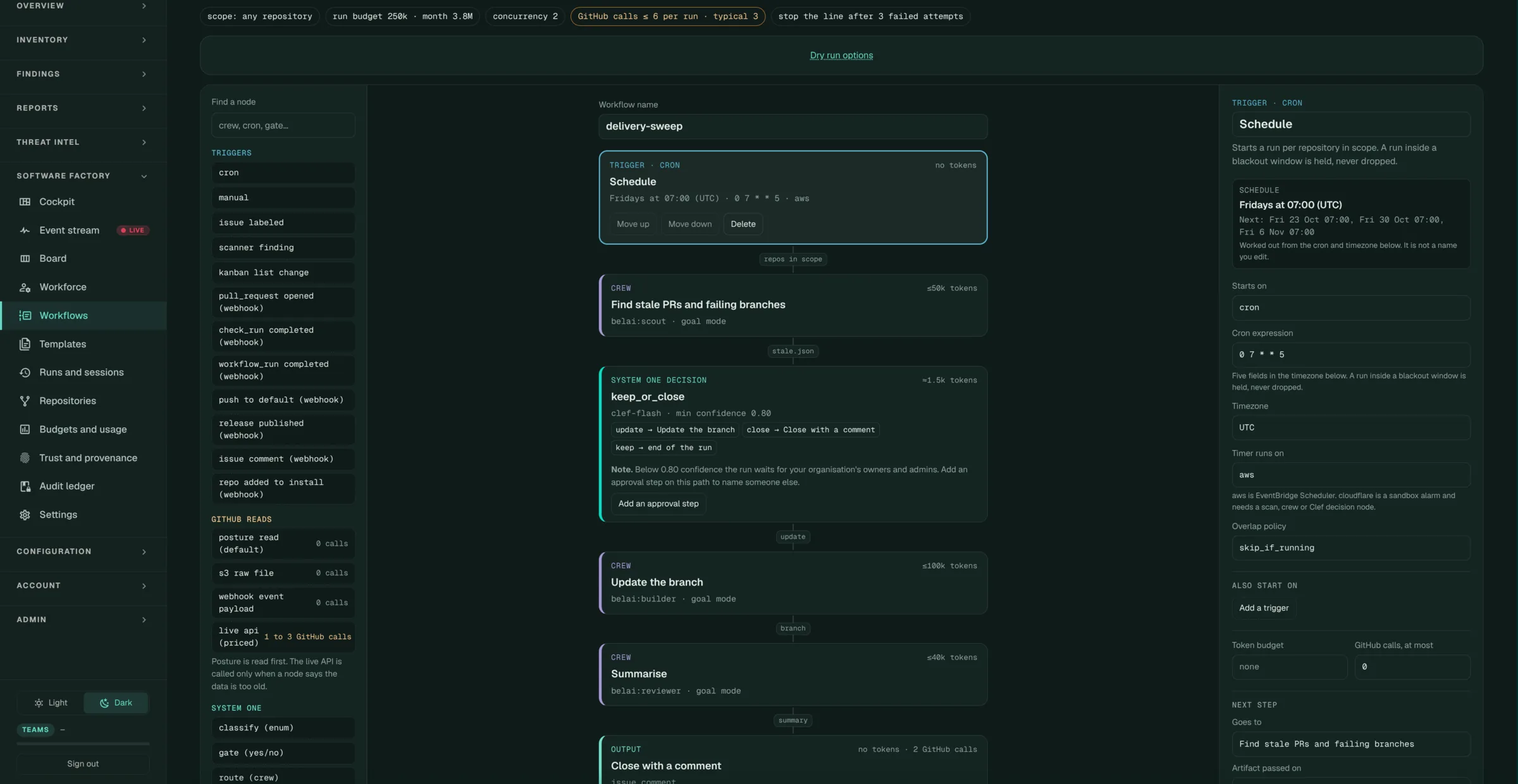 The workflow builder with a graph on the canvas and the step inspector open